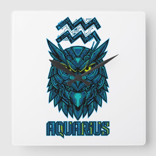AQUARIUS CYBER OWL FUTURISTIC VECTOR スクエア壁時計 (正面)