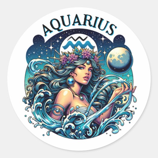 Aquarius Water Bearer Beautiful Woman Astrology ラウンドシール (正面)