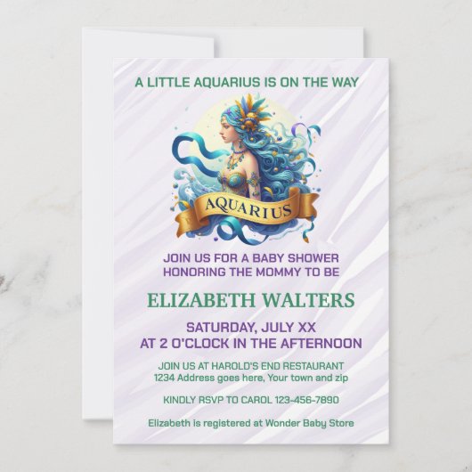 Aquarius Zodiac Baby Shower Lavender and Green 招待状 (正面)