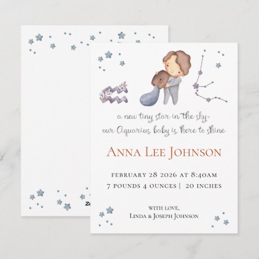Aquarius Zodiac Birth Announcement シーズンカード (正面/裏面)