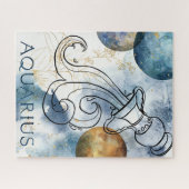 Aquarius zodiac blue black gold flowers planets  ジグソーパズル (横)