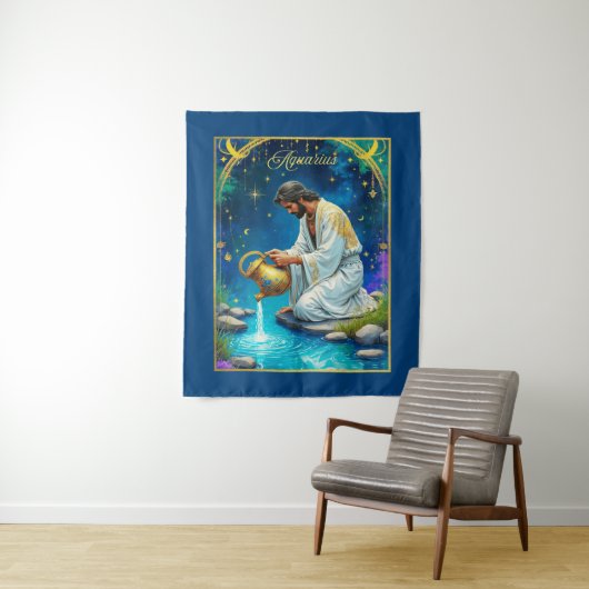 Aquarius Zodiac Sign Under a Starry Sky タペストリー (インサイチュ)