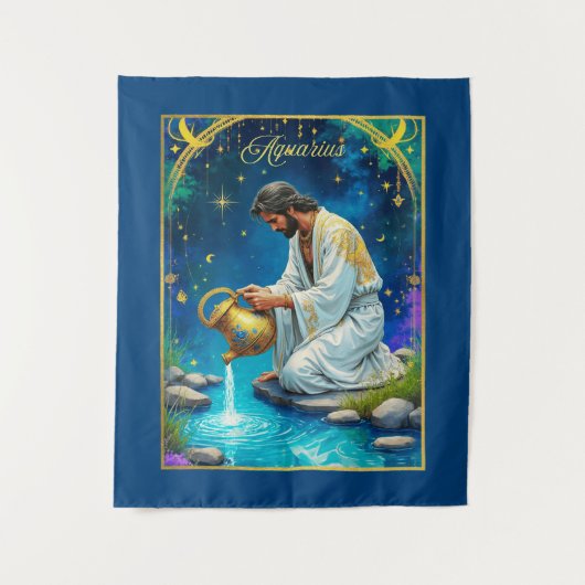 Aquarius Zodiac Sign Under a Starry Sky タペストリー (正面)