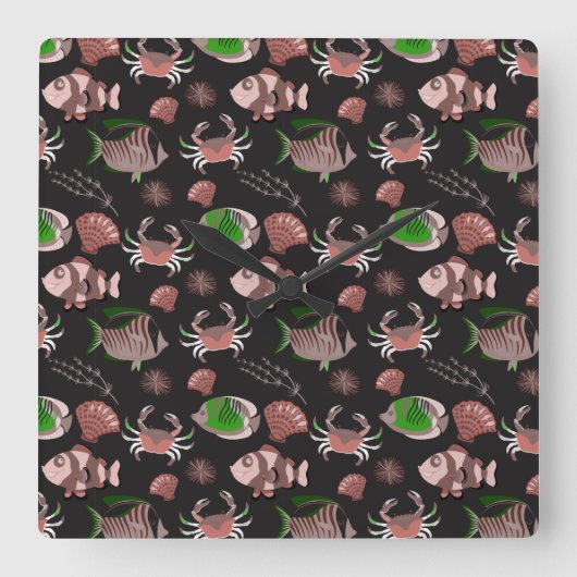 Aquatic animals pattern | ocean underwater life 12 スクエア壁時計 (正面)