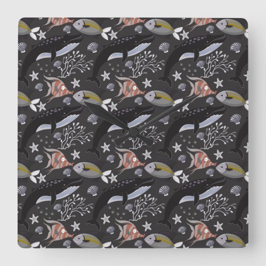 Aquatic animals pattern | ocean underwater life 20 スクエア壁時計 (正面)