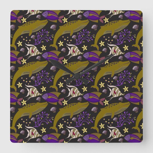 Aquatic animals pattern | ocean underwater life 25 スクエア壁時計 (正面)