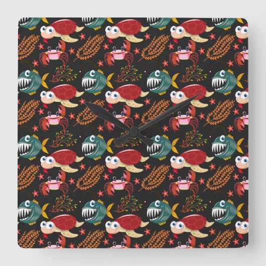 Aquatic animals pattern | ocean underwater life 30 スクエア壁時計 (正面)