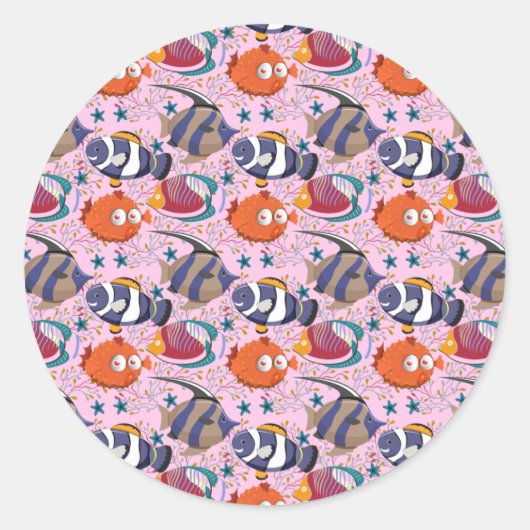 Aquatic animals pattern | ocean underwater life 39 ラウンドシール (正面)