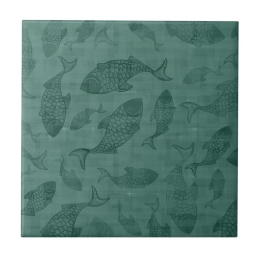 Aquatic Fish Stencil Art Teal Bokeh Pattern タイル (正面)