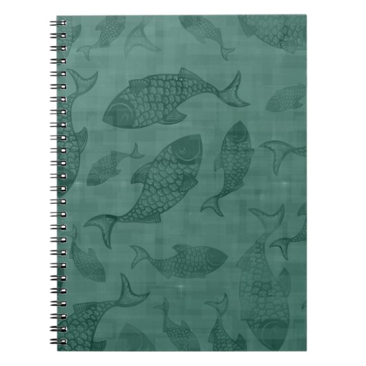 Aquatic Fish Stencil Art Teal Bokeh Pattern ノートブック (正面)