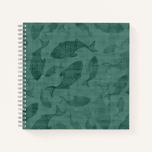 Aquatic Fish Stencil Art Teal Bokeh Pattern ノートブック (正面)