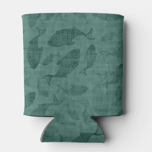 Aquatic Fish Stencil Art Teal Bokeh Pattern 缶クーラー (裏面)