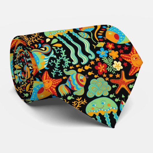 Aquatic Life Cartoon Style ネクタイ (ロール)