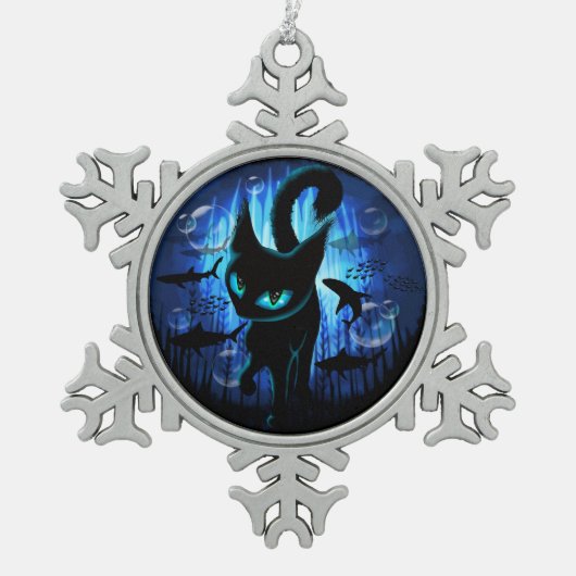 Aquaticat - Surreal Catの深い海ファンタジー スノーフレークピューターオーナメント (正面)
