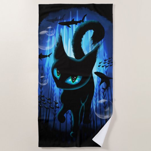 Aquaticat - Surreal Catの深い海ファンタジー ビーチタオル (正面)