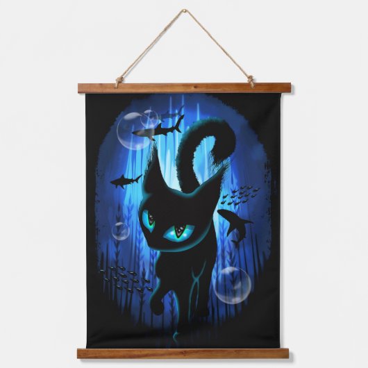 Aquaticat - Surreal Catの深い海ファンタジー 吊り下げ型タペストリー (正面)