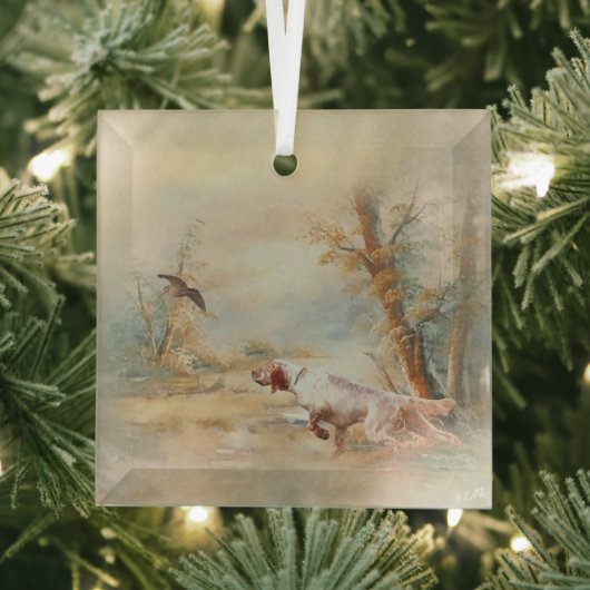 Arの森にイングリッシュセッターを持つウッドコック狩り ガラスオーナメント (インサイチュ)