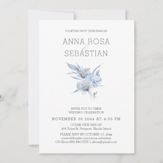 *~* AR15エレガントの青結婚フローラバラRSVP + 招待状 (正面)