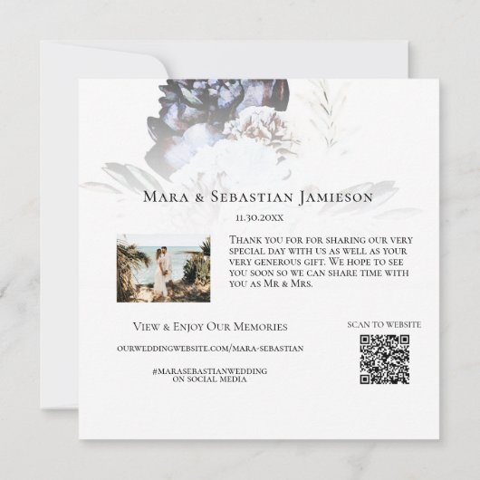 *～* AR15フローラ- QRフォトブルーアート結婚ズ サンキューカード (裏面)