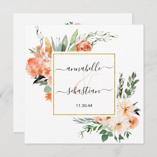 *~* AR21 QR RSVP金ゴールドグリッター花結婚の数 招待状 (正面/裏面)