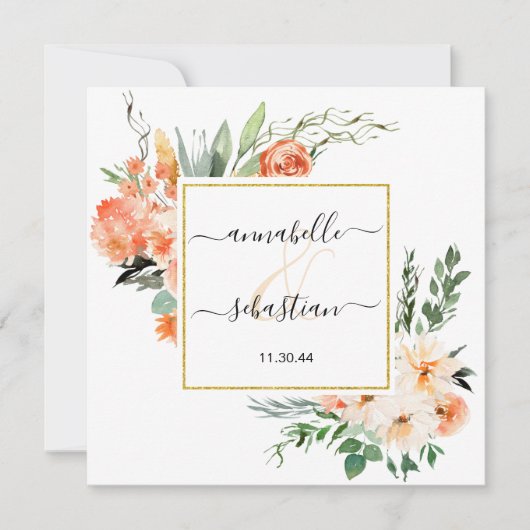 *~* AR21 QR RSVP金ゴールドグリッター花結婚の数 招待状 (正面)