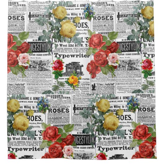 * AR23バラフローラフラワーヴィンテージニュースプリント シャワーカーテン (正面)