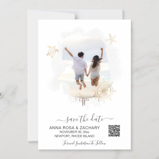 *~* AR6日付QRビーチ結婚式WEBサイトを保存 マグネット招待状 (正面)