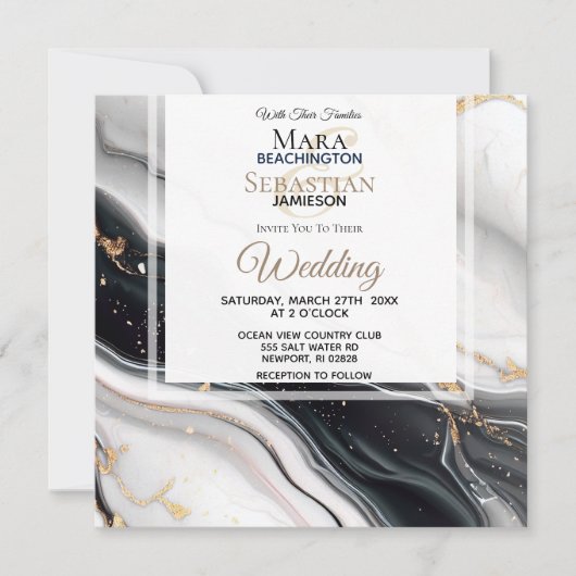 *~* AR66 RSVPホワイトブラック金ゴールドアゲートQR 結婚s 招待状 (正面)