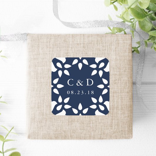 Arabesque Wedding Monogram Sticker | Navy スクエアシール