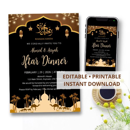 Arabian Desert Night Iftar Invitation with Camels  招待状