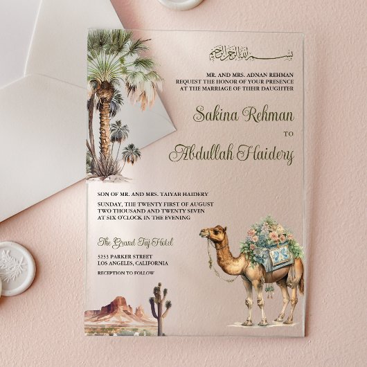 Arabian Palm Desert Camel Muslim Wedding アクリル招待状