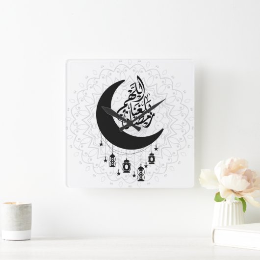 Arabic Diwani Calligraphy, Crescent Moon & Lantern スクエア壁時計 (ホーム)