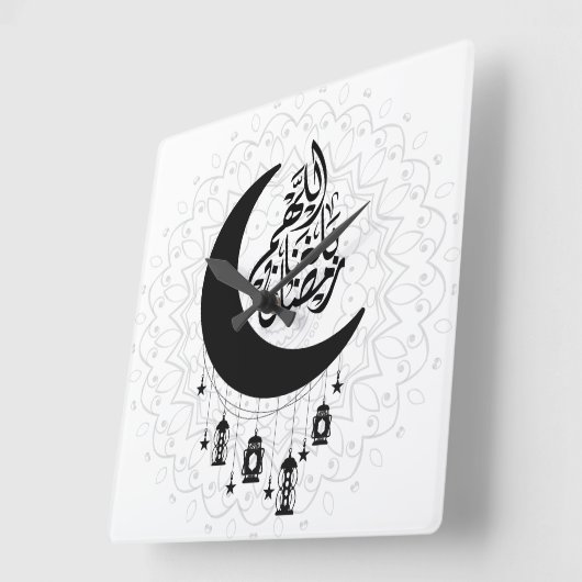 Arabic Diwani Calligraphy, Crescent Moon & Lantern スクエア壁時計 (傾斜)