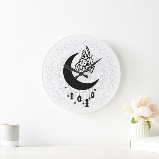 Arabic Diwani Calligraphy, Crescent Moon & Lantern ラージ壁時計 (ホーム)