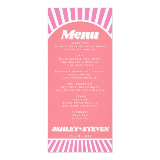 Archとsunraysピンクのgroovyの結婚メニューカード ラックカード (正面)