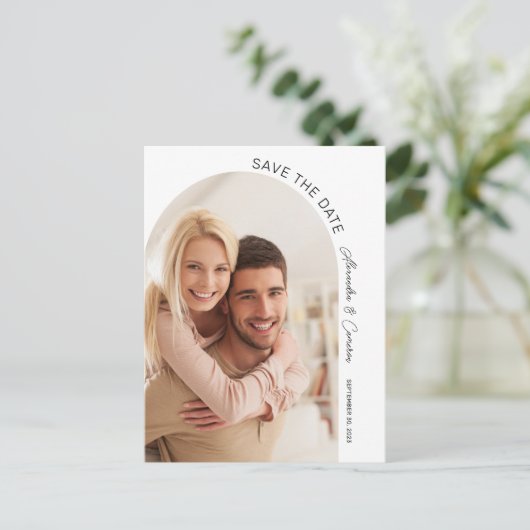 Archモダン Script写真エレガント日付の保存 ポストカード (スタンド正面)