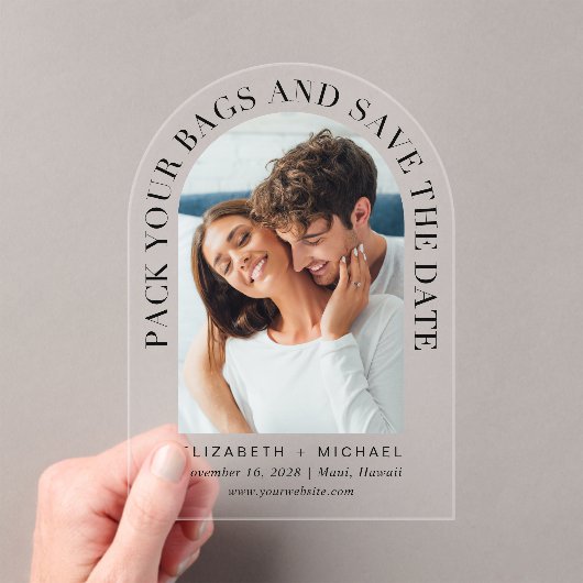 Arch写真の目的地の結婚式の日付を保存 アクリル招待状 (インサイチュ (ポータブル))