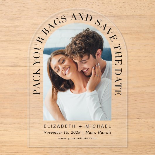 Arch写真の目的地の結婚式の日付を保存 アクリル招待状 (正面)