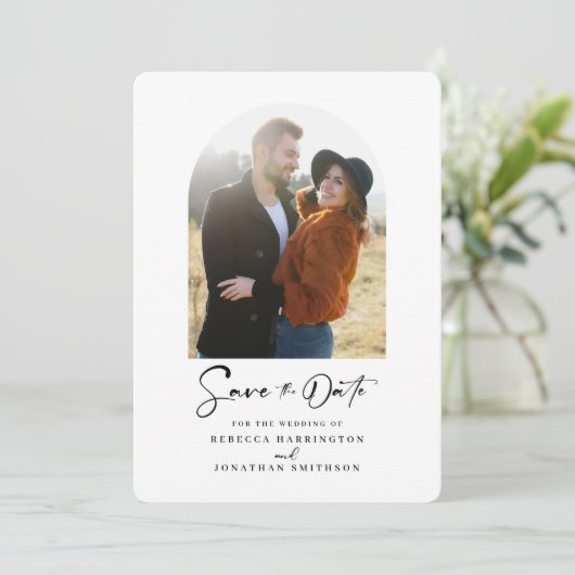 Arch写真ミニマル結婚式の日付の保存 セーブザデート (スタンド正面)