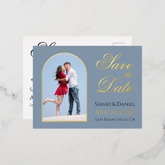 Arch金ゴールドスクリプトでDusty Blue写真を保存する 箔招待状ポストカード (正面/裏面)