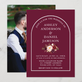 Arch モダン Burgundyスタイリッシュフローラ写真結婚の 招待状