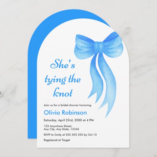 Arch Blue Bow She's Tying the Knot Bridal Shower 招待状 (正面/裏面)