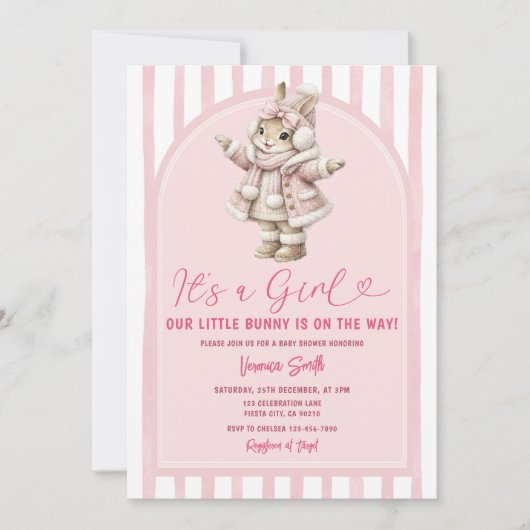 Arch Boho Cute Bunny pink bow baby shower 招待状 (正面)