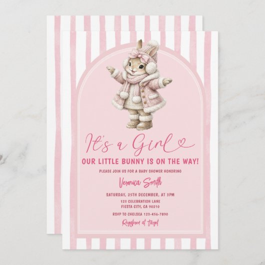 Arch Boho Cute Bunny pink bow baby shower 招待状 (正面/裏面)