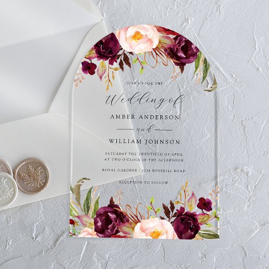 Arch Burgundy Blush Bloom Wedding   アクリル招待状