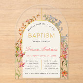 Arch Girl Baptism Gold Cross & Wildflowers Floral  アクリル招待状 (正面)