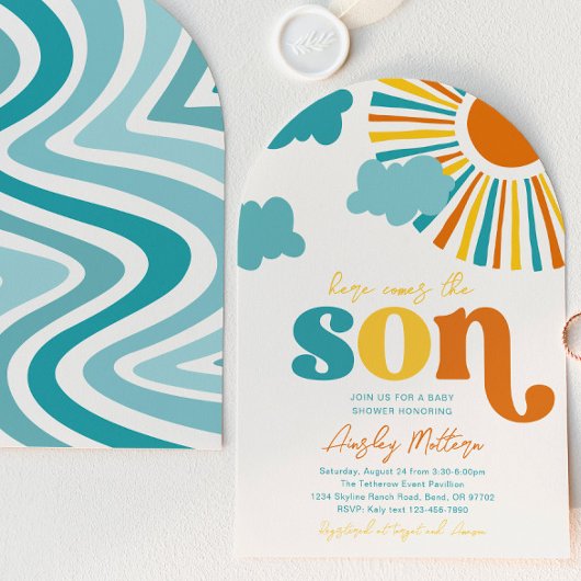 Arch Here Comes The Son Baby Shower Invitation 招待状