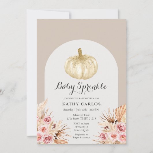 Arch Pampas Grass White Pumpkin Baby Sprinkle  招待状 (正面)