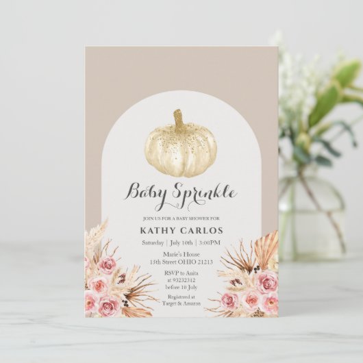 Arch Pampas Grass White Pumpkin Baby Sprinkle  招待状 (スタンド正面)