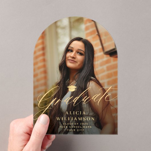 Arch photo gold script graduation announcement アクリル招待状 (インサイチュ (ポータブル))